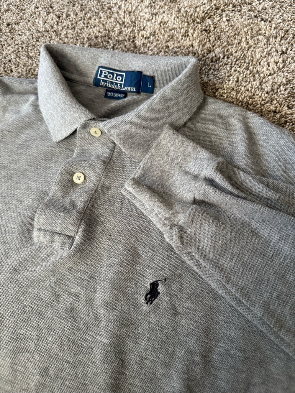 Vintage Polo Ralph Lauren Long Sleeve Pique Polo Shirt Gray Size Large Mens